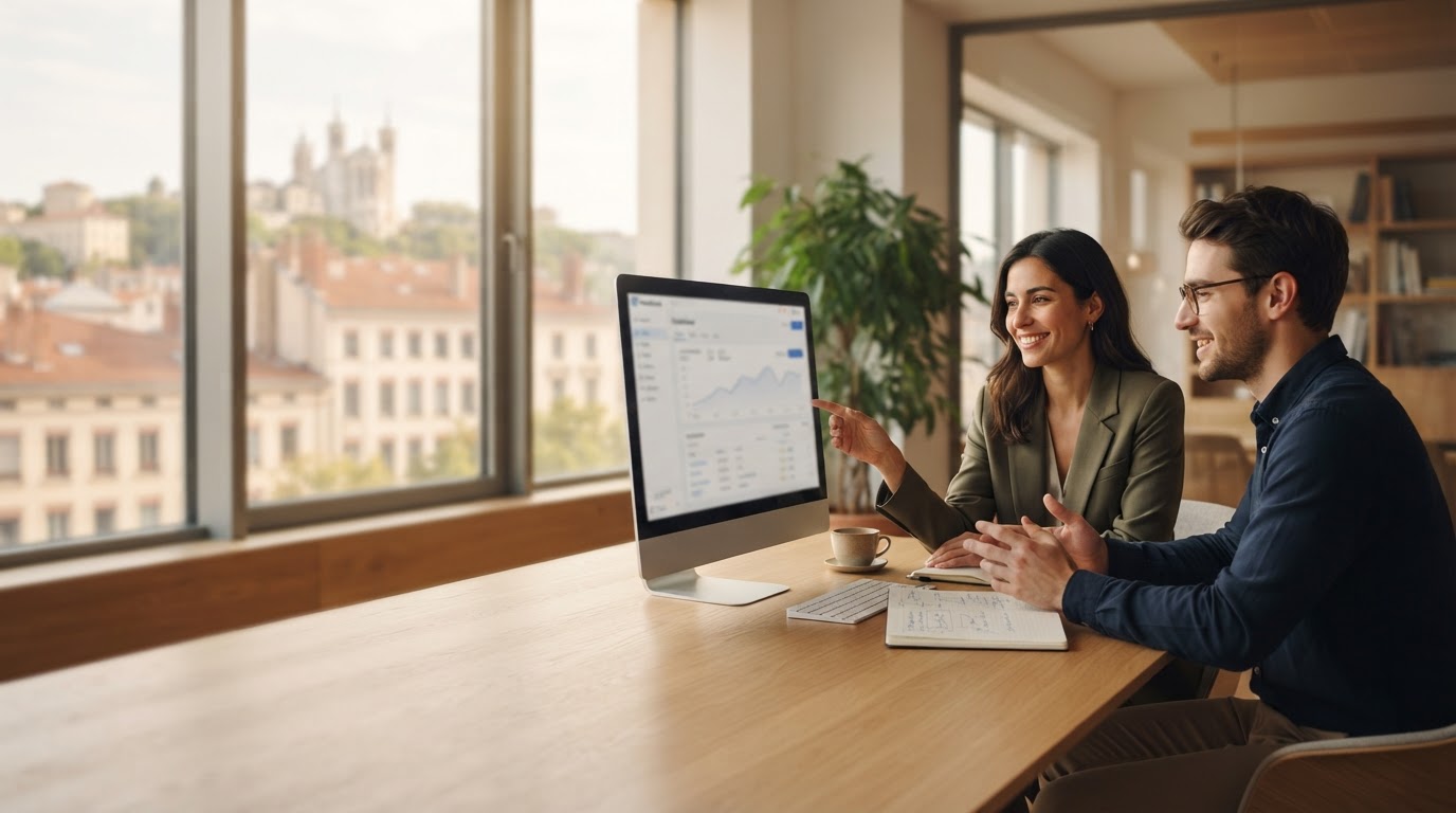 Vauxelune IA : réunion professionnelle dans un bureau lumineux, échange autour de données financières